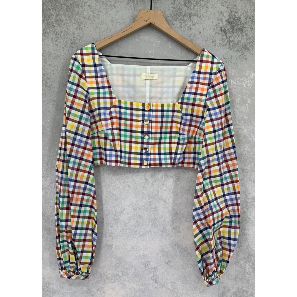Petersyn Crop Top Womens Medium Colorful Gingham Plaid Long Sleeve Made USA